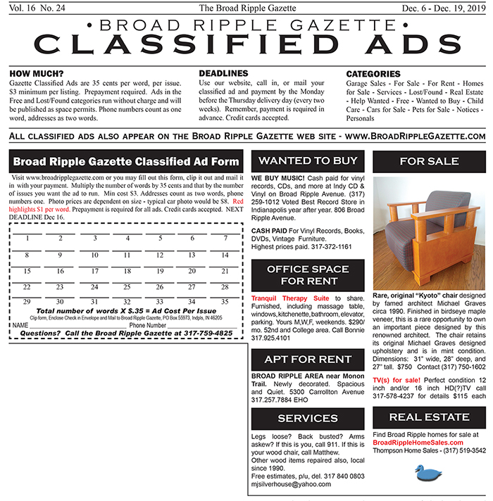 Broad Ripple Gazette Classified Ads